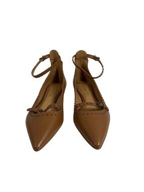 COACH Jody Tan Leather Studded Pointed Toe Flats Ankle Strap Womens Size 6B EUC